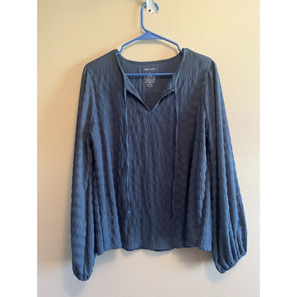Nine West Blouse L Blue Crinkle Tie Neck Keyhole Balloon Sleeve Long Sleeve